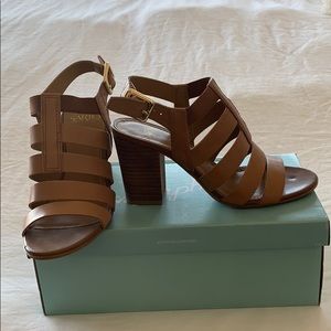 Franco Sarto tan strapped block heels